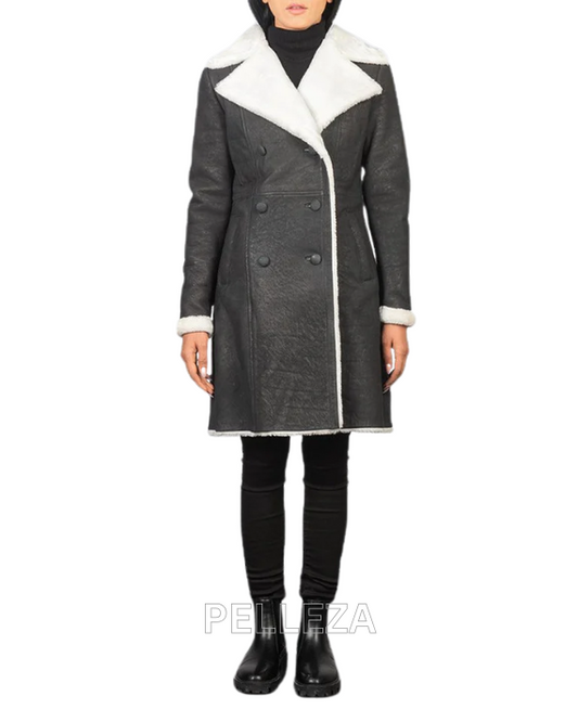 Black Double Breased Shearling Leather Coat
