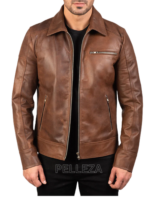 Men’s Brown Collared Leather Jacket