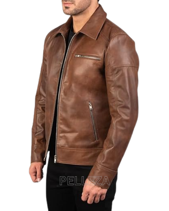Men’s Brown Collared Leather Jacket