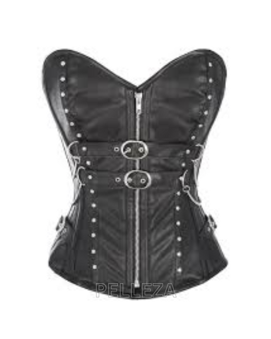Renner Black Faux Leather Overbust Corset with Buckle Design