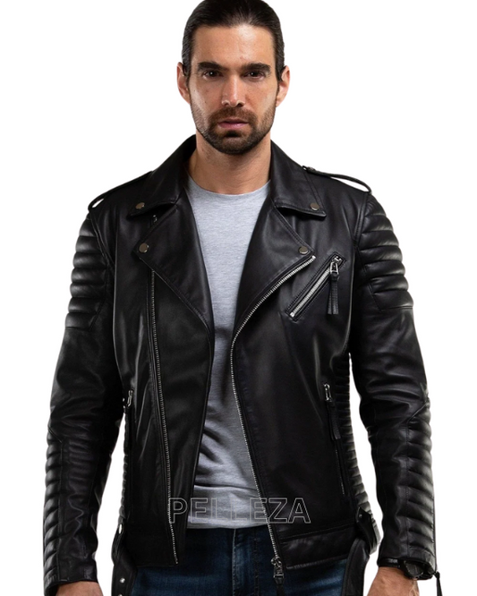 Real Lamb Leather Brando Biker Jacket with Quilted Panels