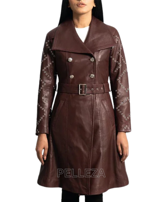 Maroon Leather Trench Coat