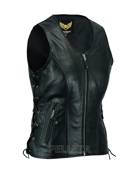 Ladies 7 Line Black Sleeveless Leather Vest