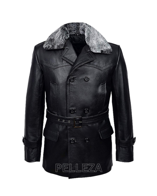 Black Men’s Military Leather Coat With Classic Fur