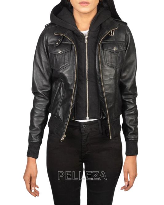 Women's Black Roslyn Hooded Leather Jacket