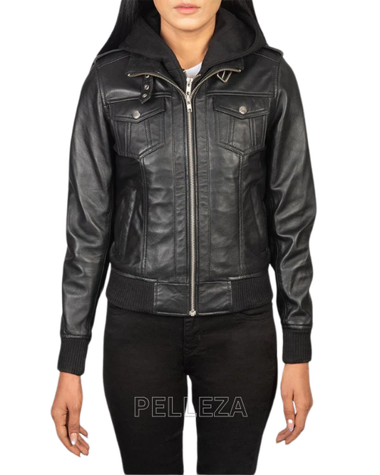 Women's Black Roslyn Hooded Leather Jacket