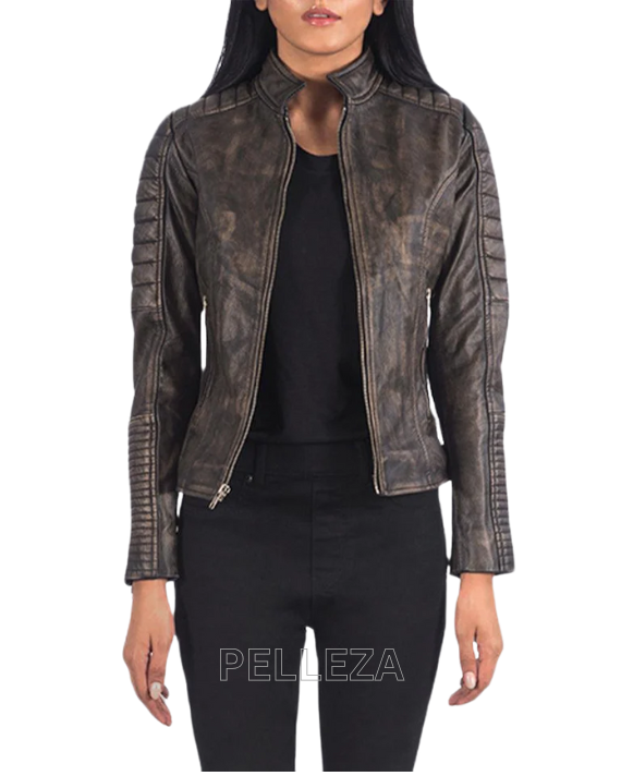 Distressed Maven Quilted Brown Leather Jacket For Women