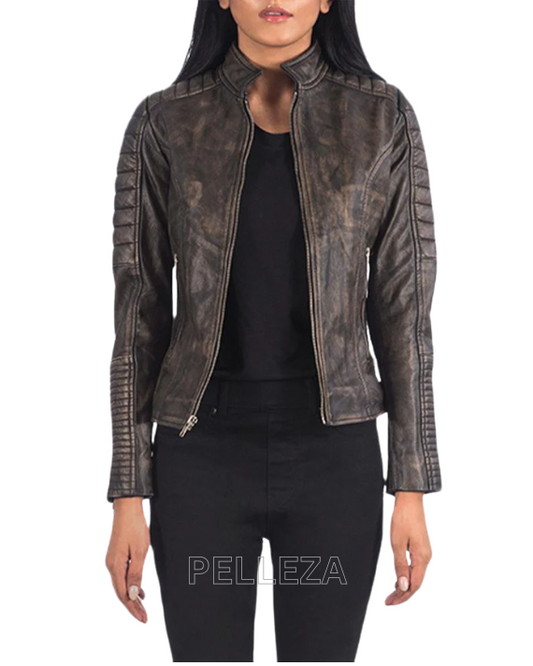 Distressed Maven Quilted Brown Leather Jacket For Women