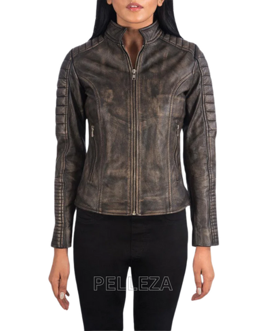 Distressed Maven Quilted Brown Leather Jacket For Women