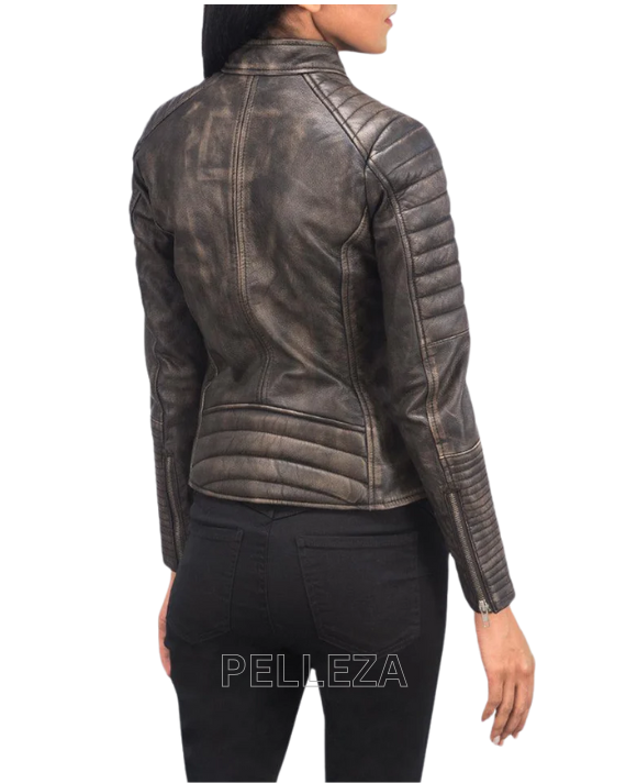 Distressed Maven Quilted Brown Leather Jacket For Women