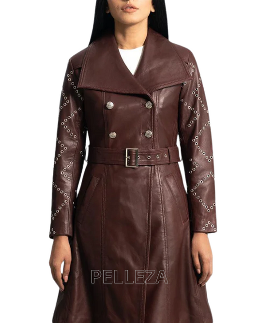 Maroon Leather Trench Coat