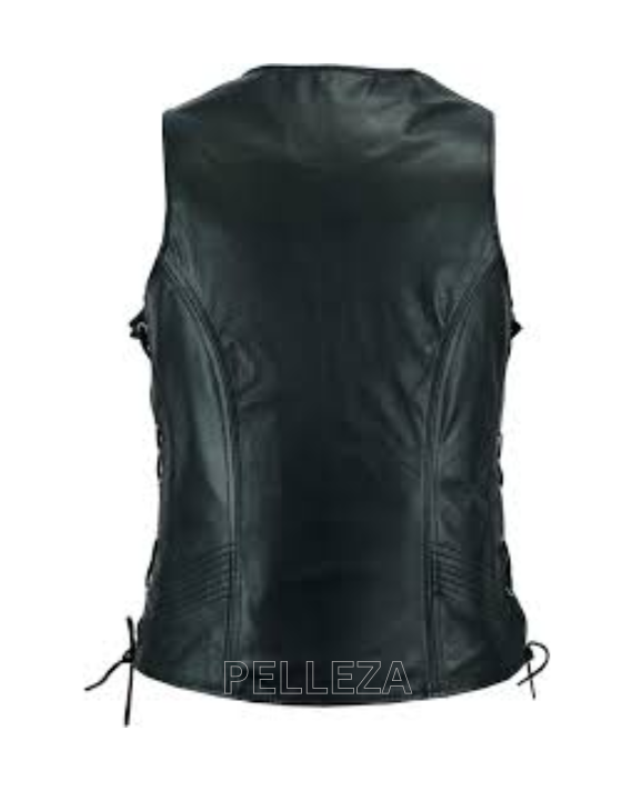 Ladies 7 Line Black Sleeveless Leather Vest