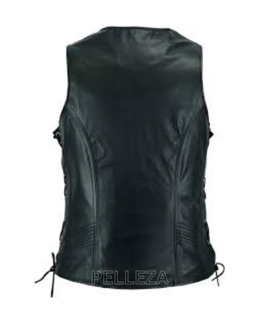 Ladies 7 Line Black Sleeveless Leather Vest