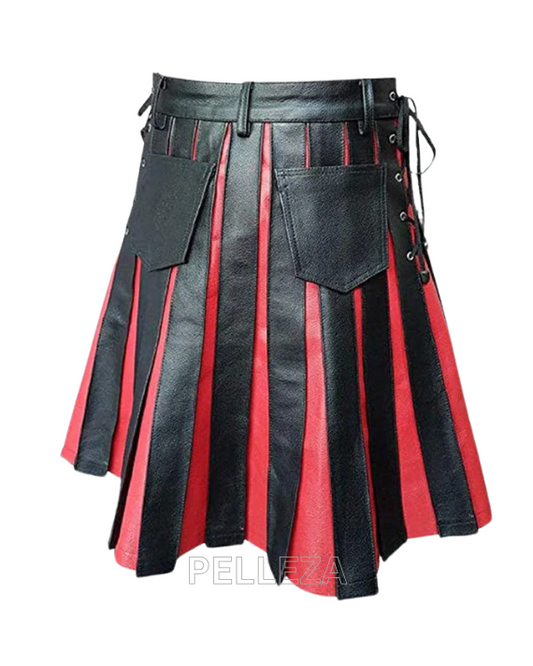 Red & Black Men Leather Kilt