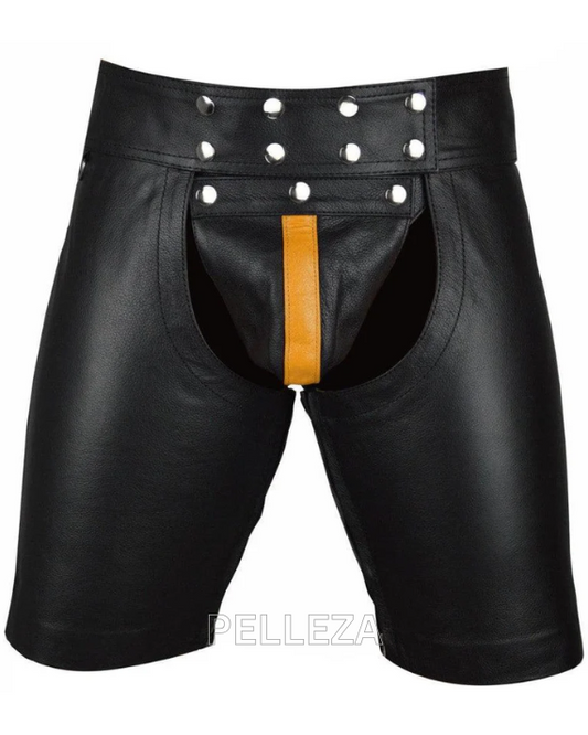 Stylish Button Closer Leather Shorts For Men With Yellow Strap
