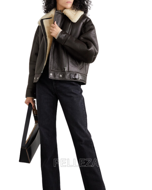 Ladies Lambskin Shearling Jacket – Black, Warm & Stylish