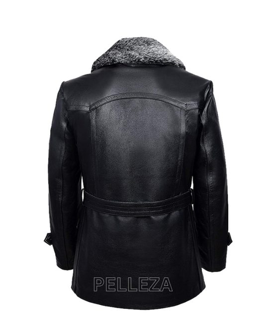 Black Men’s Military Leather Coat With Classic Fur