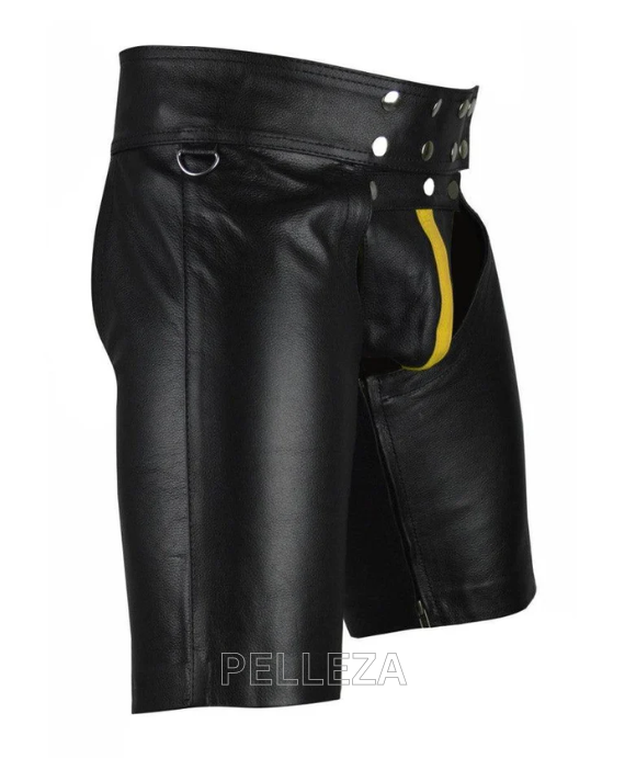 Stylish Button Closer Leather Shorts For Men With Yellow Strap