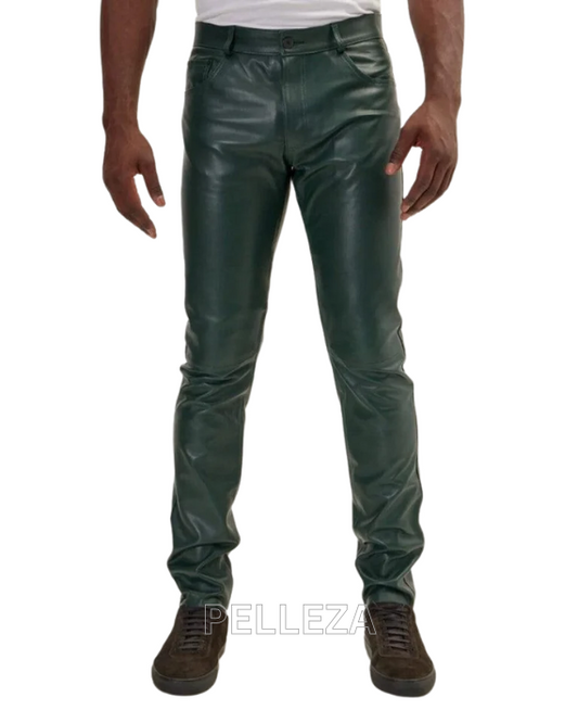 Leather Classic Zipper Jeans Pants in olive Green