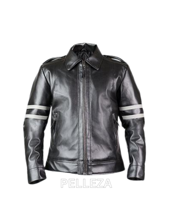 Black Leather Biker Jacket with Grey Arm Bands