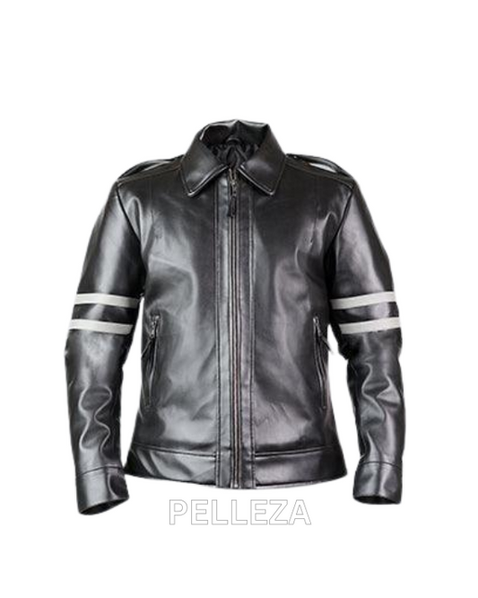 Black Leather Biker Jacket with Grey Arm Bands