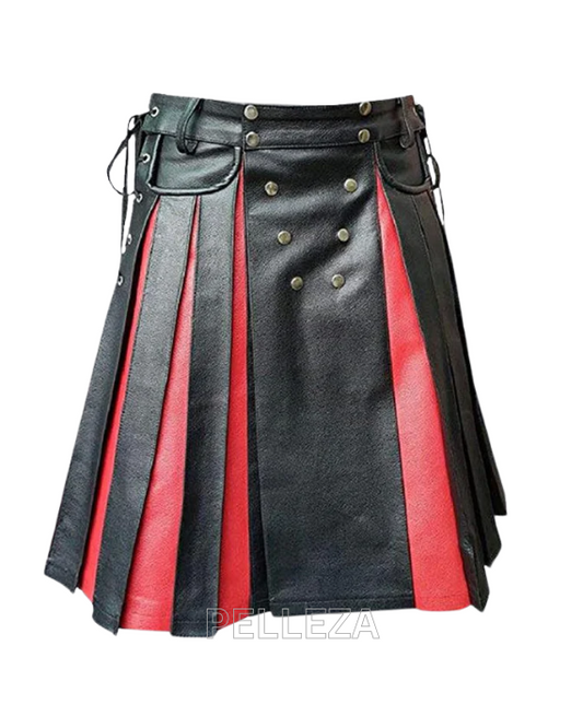 Red & Black Men Leather Kilt