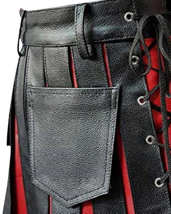 Red & Black Men Leather Kilt