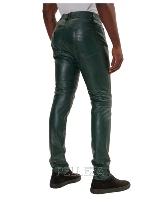 Leather Classic Zipper Jeans Pants in olive Green