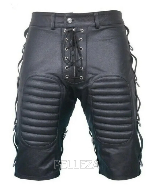 Black Biker Leather Shorts For Men