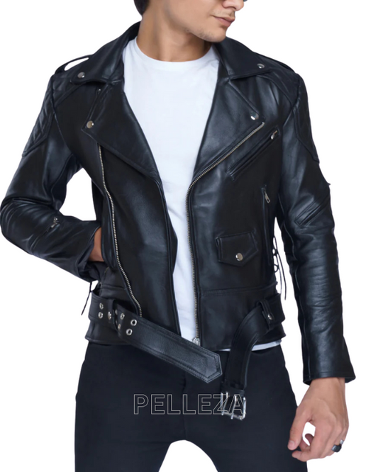 Real Natural Cow Leather Bikers Quilted Panels Jacket