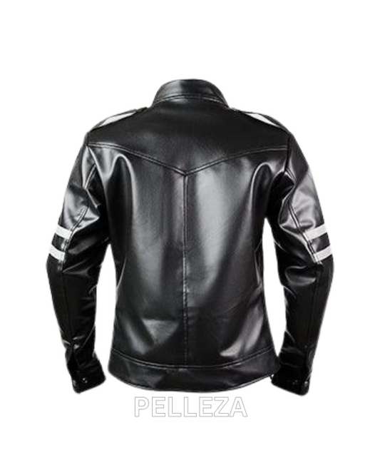 Black Leather Biker Jacket with Grey Arm Bands