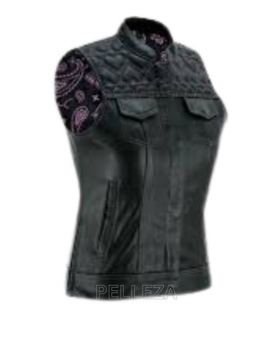 Ladies Black Leather Pink Heart Stitching Motorcycle Waistcoat