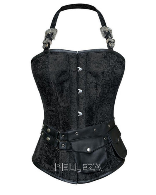 Andrews Black Corset with Strap and Faux Leather Pouch