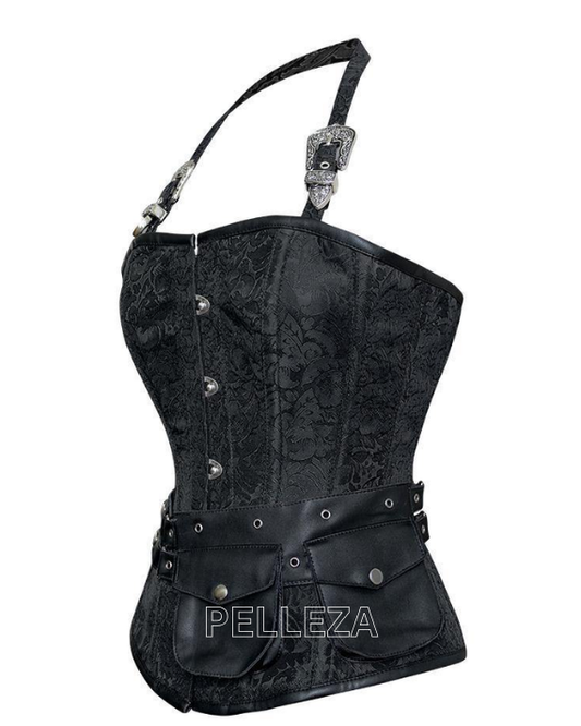 Andrews Black Corset with Strap and Faux Leather Pouch