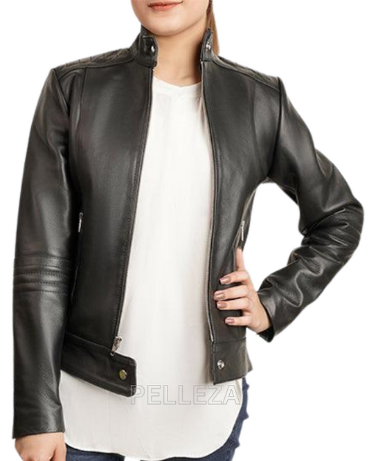 Black Leather Biker Jacket For Women