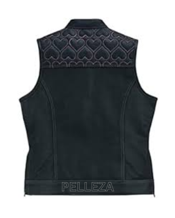 Ladies Black Leather Pink Heart Stitching Motorcycle Waistcoat