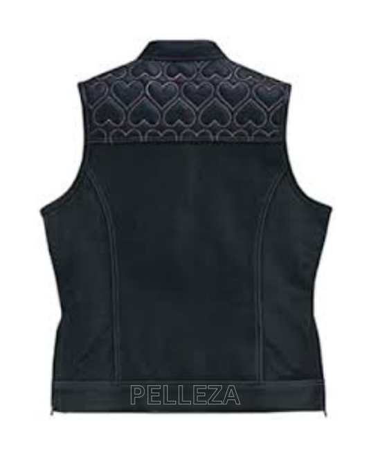 Ladies Black Leather Pink Heart Stitching Motorcycle Waistcoat