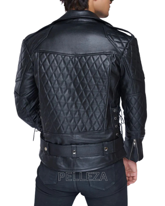 Real Natural Cow Leather Bikers Quilted Panels Jacket