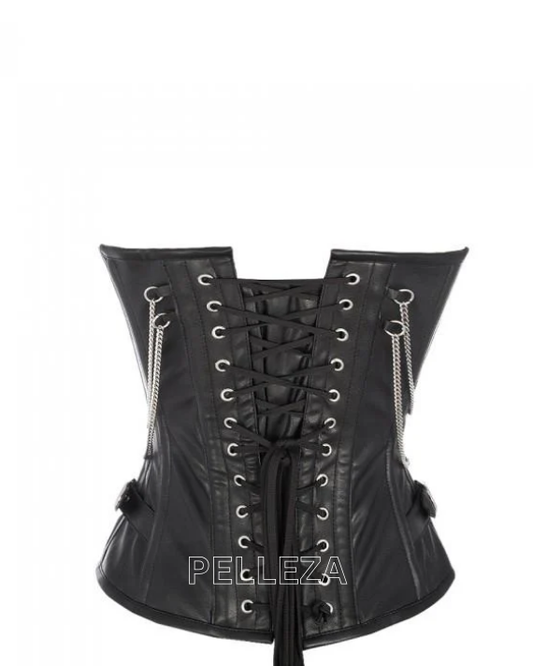 Renner Black Faux Leather Overbust Corset with Buckle Design