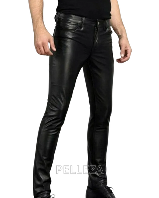 Men's Black Real Leather Skinny Jeans