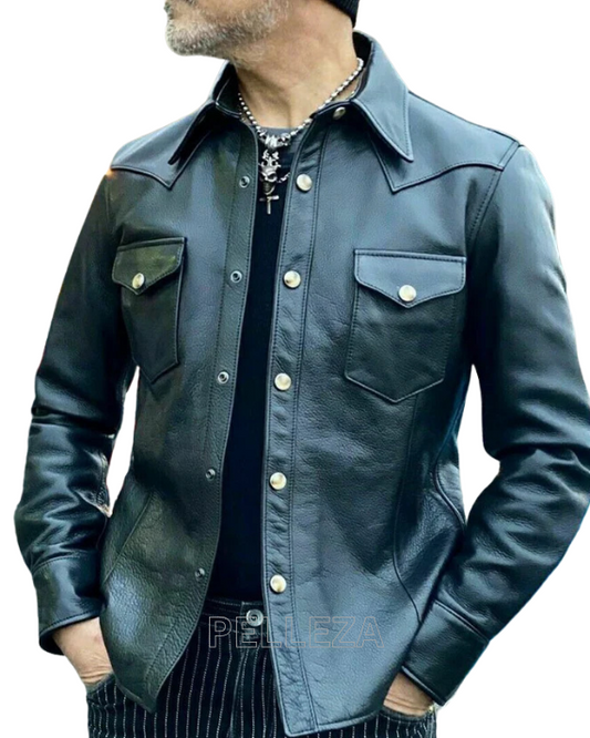 Men’s Genuine Cowhide Leather Black Full Sleeves Leather Shirt Police Uniform Shirt