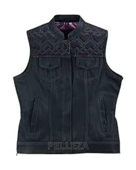 Ladies Black Leather Pink Heart Stitching Motorcycle Waistcoat