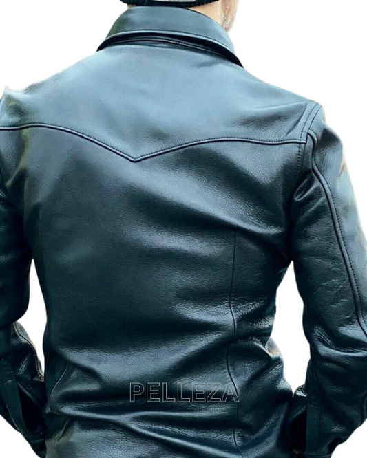Men’s Genuine Cowhide Leather Black Full Sleeves Leather Shirt Police Uniform Shirt