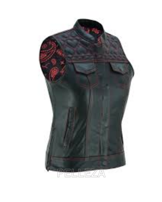 Ladies Black Leather Red Heart Stitching Motorcycle Vest