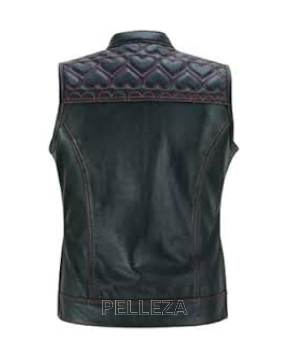Ladies Black Leather Red Heart Stitching Motorcycle Vest