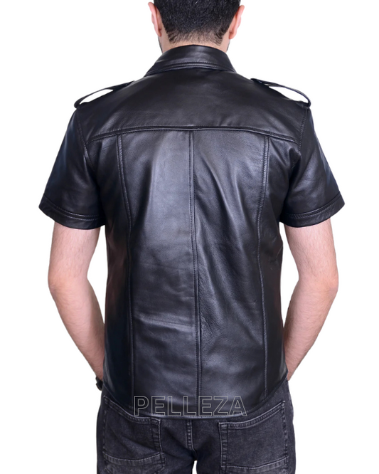 Men's Real Lamb Leather Police Style Sexy Shirt Short Sleeves Leather Shirt