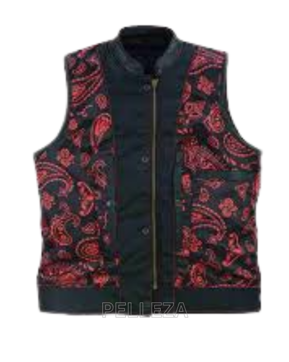 Ladies Black Leather Red Heart Stitching Motorcycle Vest