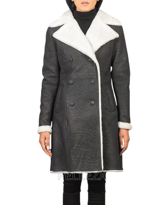 Black Double Breased Shearling Leather Coat