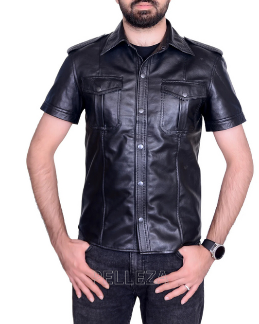 Men's Real Lamb Leather Police Style Sexy Shirt Short Sleeves Leather Shirt